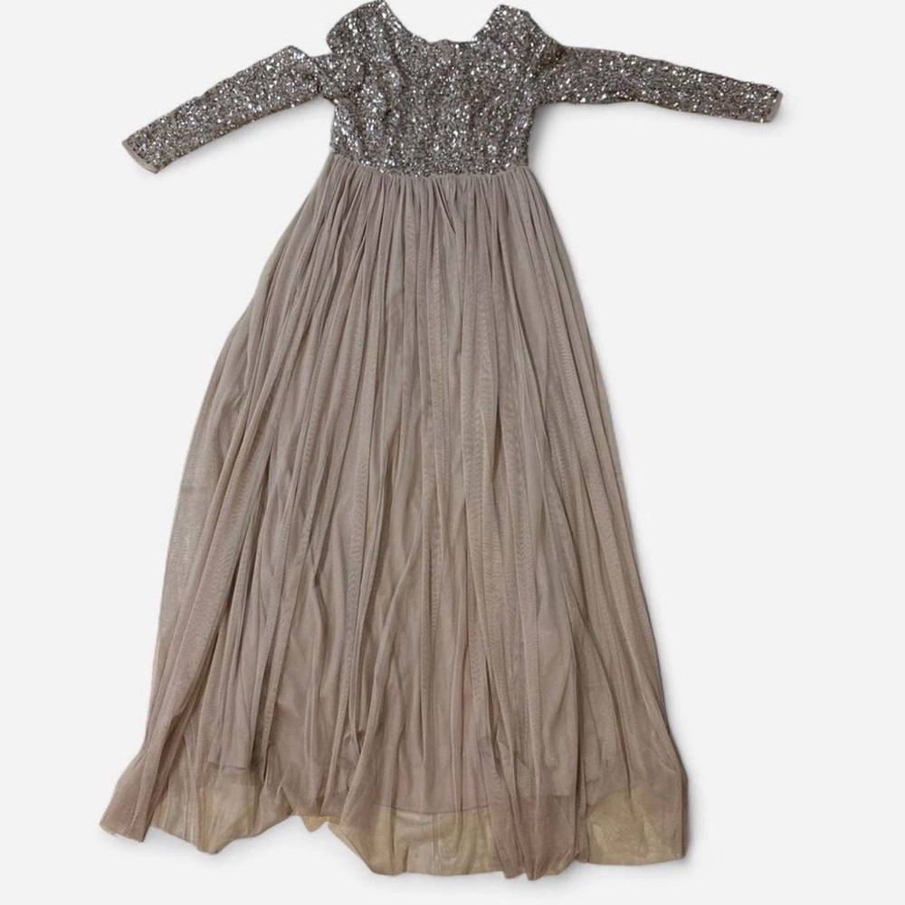 Long Sleeve Sequin Bodice Tulle Evening Dress in Taupe